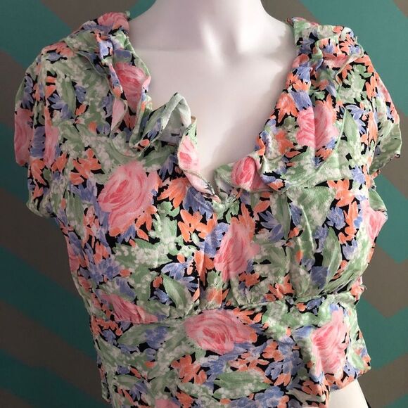 Zara Floral Green & Pink Blouse Elasticated Top Small - Picture 1 of 8